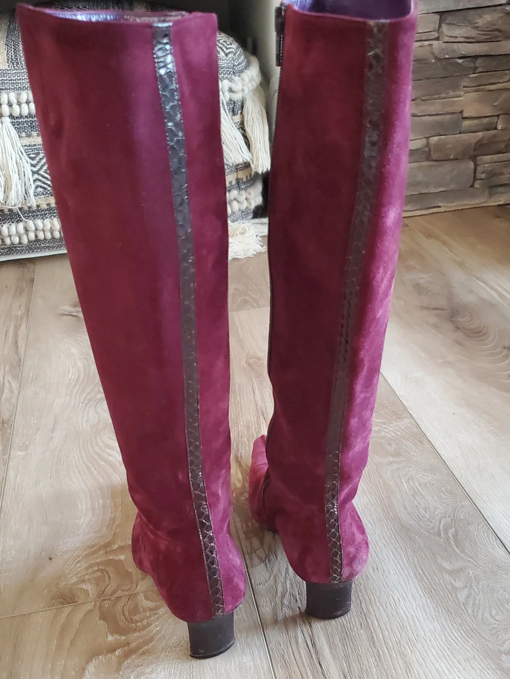 Barbara Bui Burgundy Suede Over-the-Knee Pointed Boots Snakeskin Trim